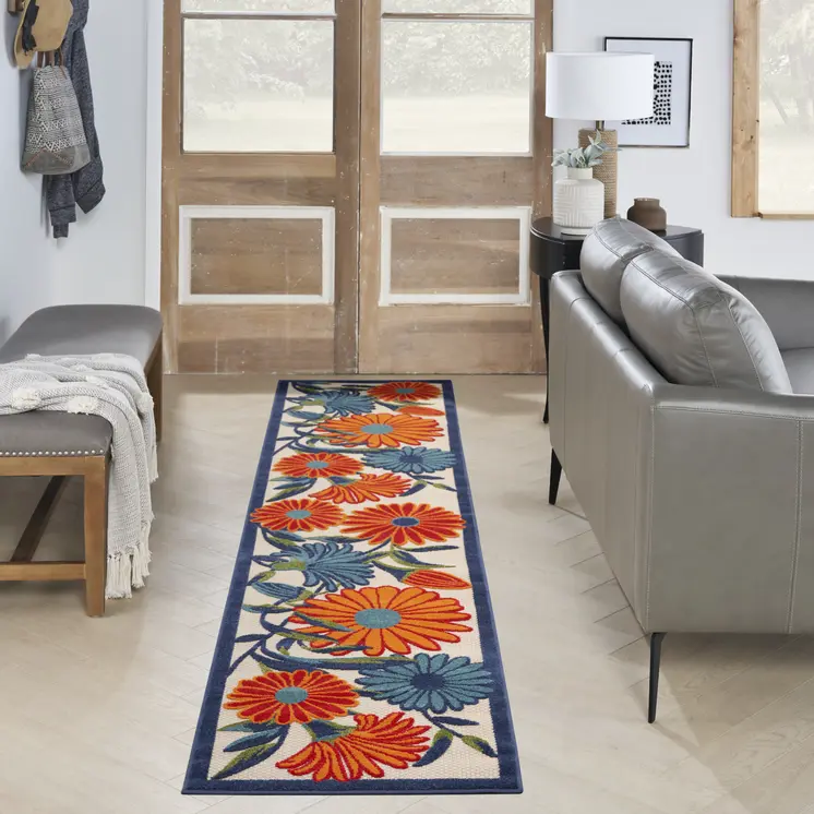 8' Ivory Blue And Orange Floral Indoor Outdoor Runner Rug