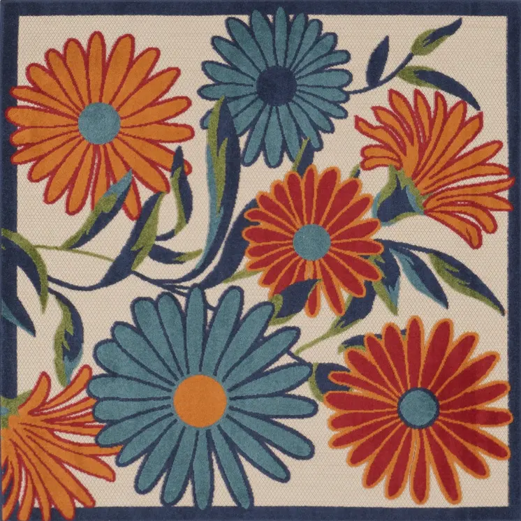 5' Ivory Blue And Orange Square Floral Indoor Outdoor Area Rug