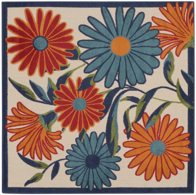 5' Ivory Blue And Orange Square Floral Indoor Outdoor Area Rug