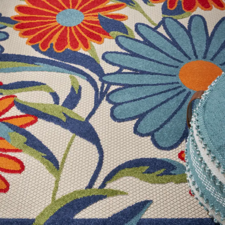 5' Ivory Blue And Orange Square Floral Indoor Outdoor Area Rug