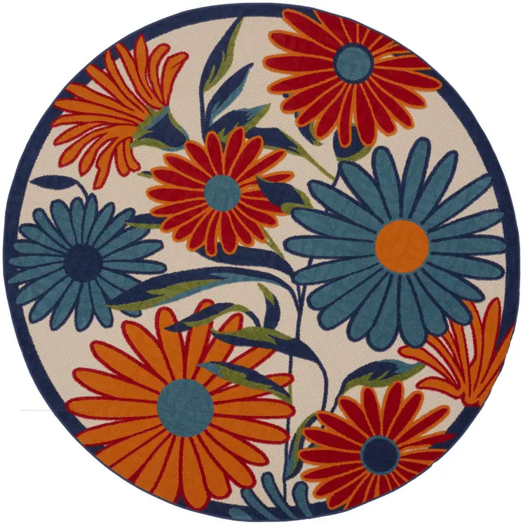 5' Ivory Blue And Orange Round Floral Indoor Outdoor Area Rug