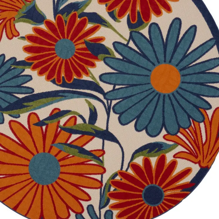 5' Ivory Blue And Orange Round Floral Indoor Outdoor Area Rug