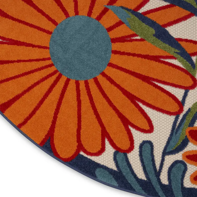 5' Ivory Blue And Orange Round Floral Indoor Outdoor Area Rug
