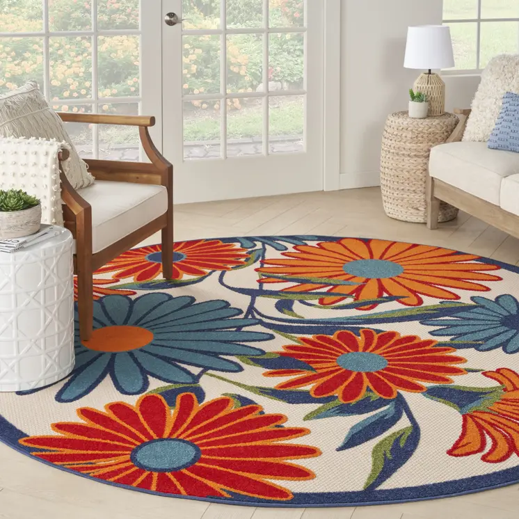 5' Ivory Blue And Orange Round Floral Indoor Outdoor Area Rug