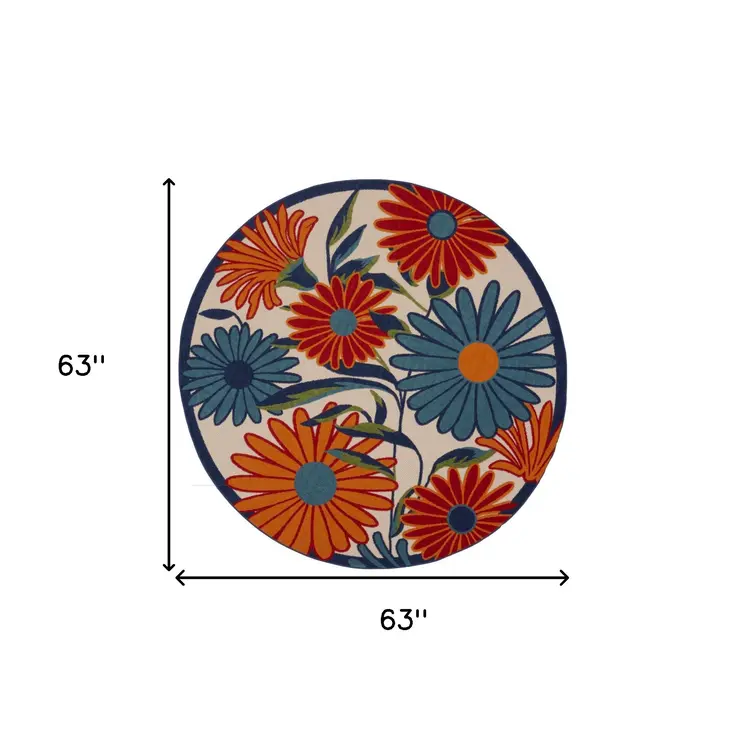 5' Ivory Blue And Orange Round Floral Indoor Outdoor Area Rug