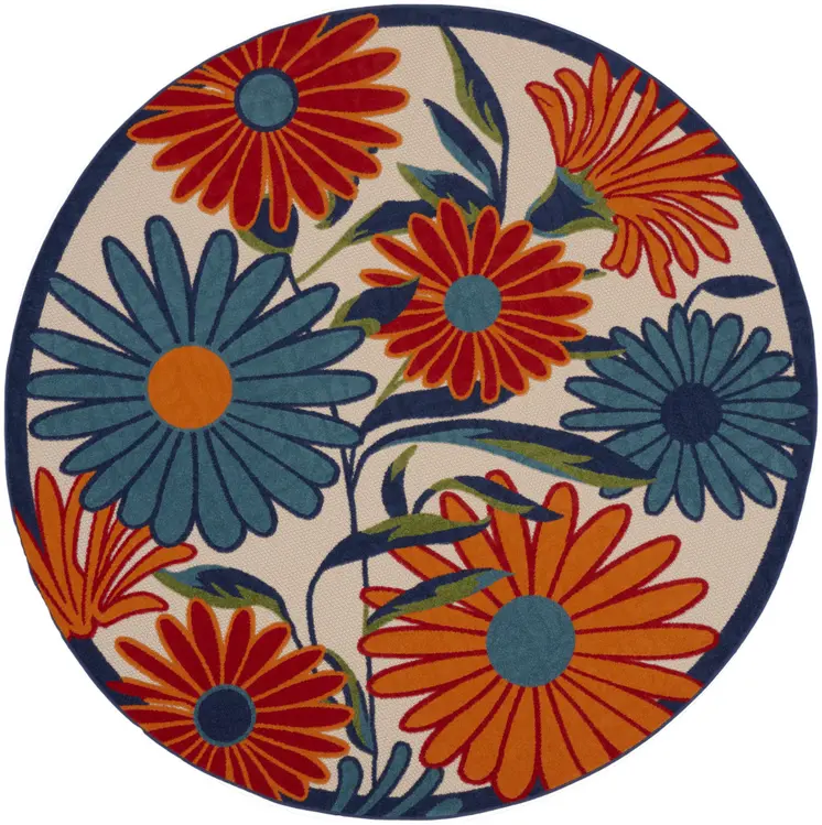 4' Ivory Blue And Orange Round Floral Indoor Outdoor Area Rug