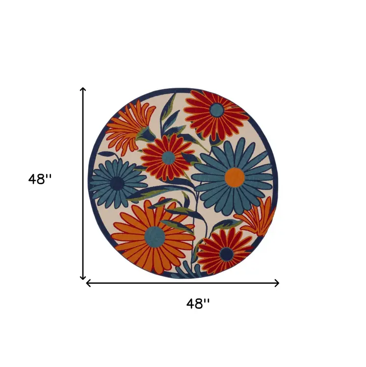 4' Ivory Blue And Orange Round Floral Indoor Outdoor Area Rug