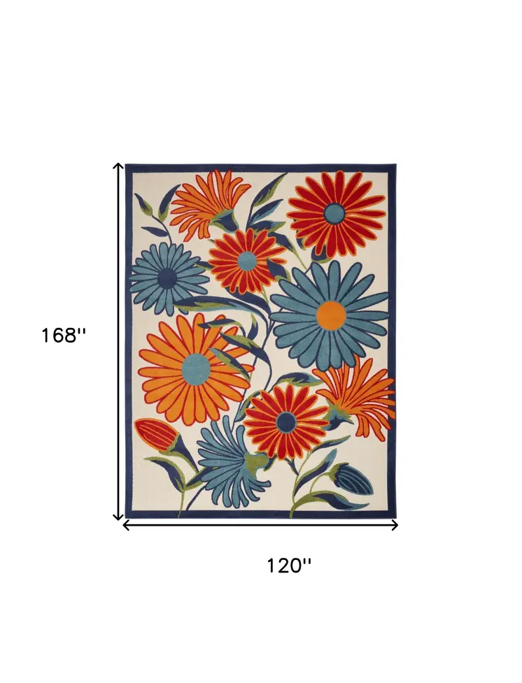 10' X 14' Ivory Blue And Orange Floral Indoor Outdoor Area Rug