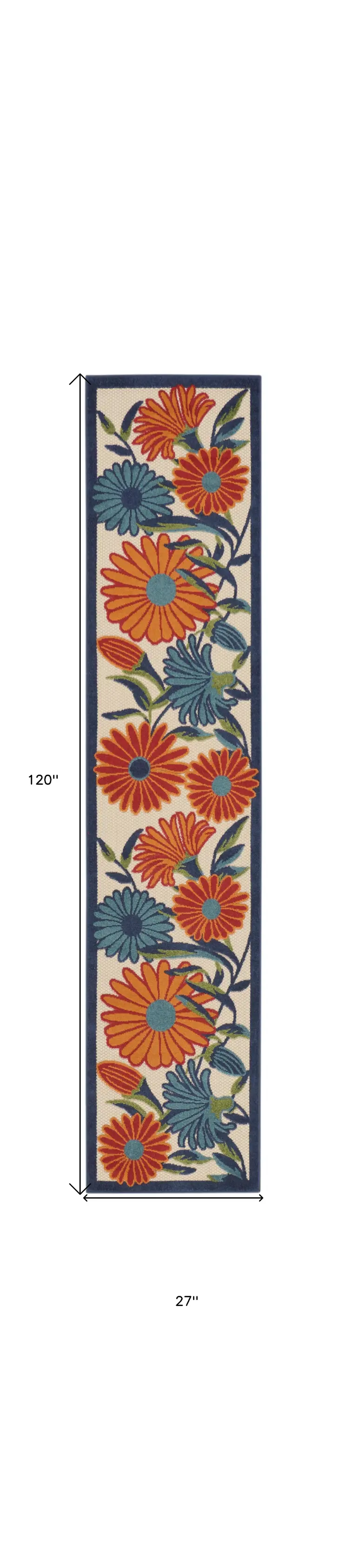 10' Ivory Blue And Orange Floral Indoor Outdoor Runner Rug