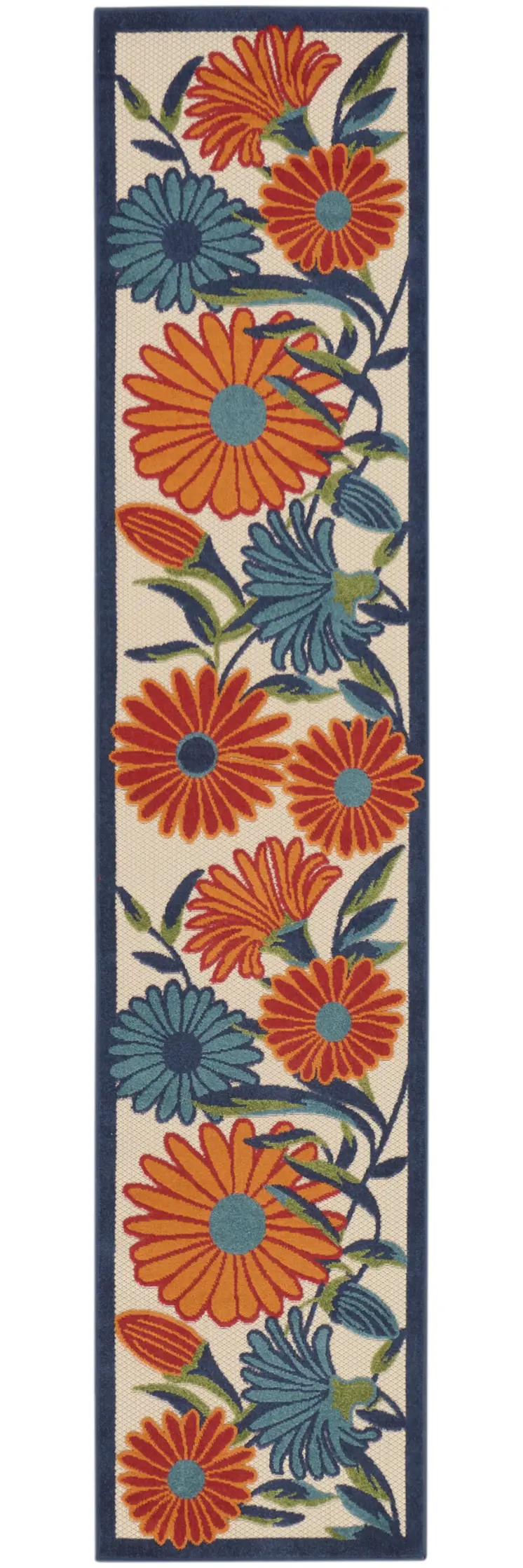 10' Ivory Blue And Orange Floral Indoor Outdoor Runner Rug