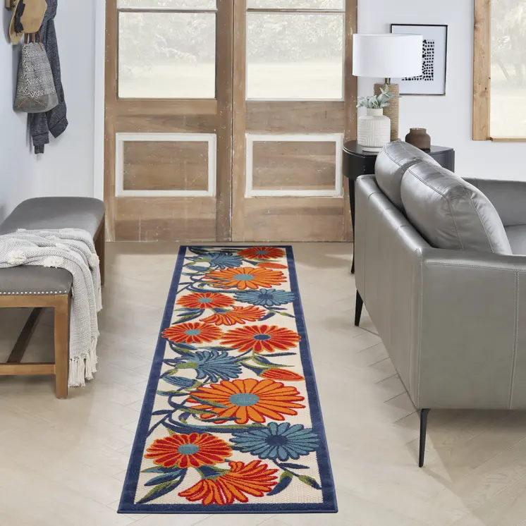 10' Ivory Blue And Orange Floral Indoor Outdoor Runner Rug