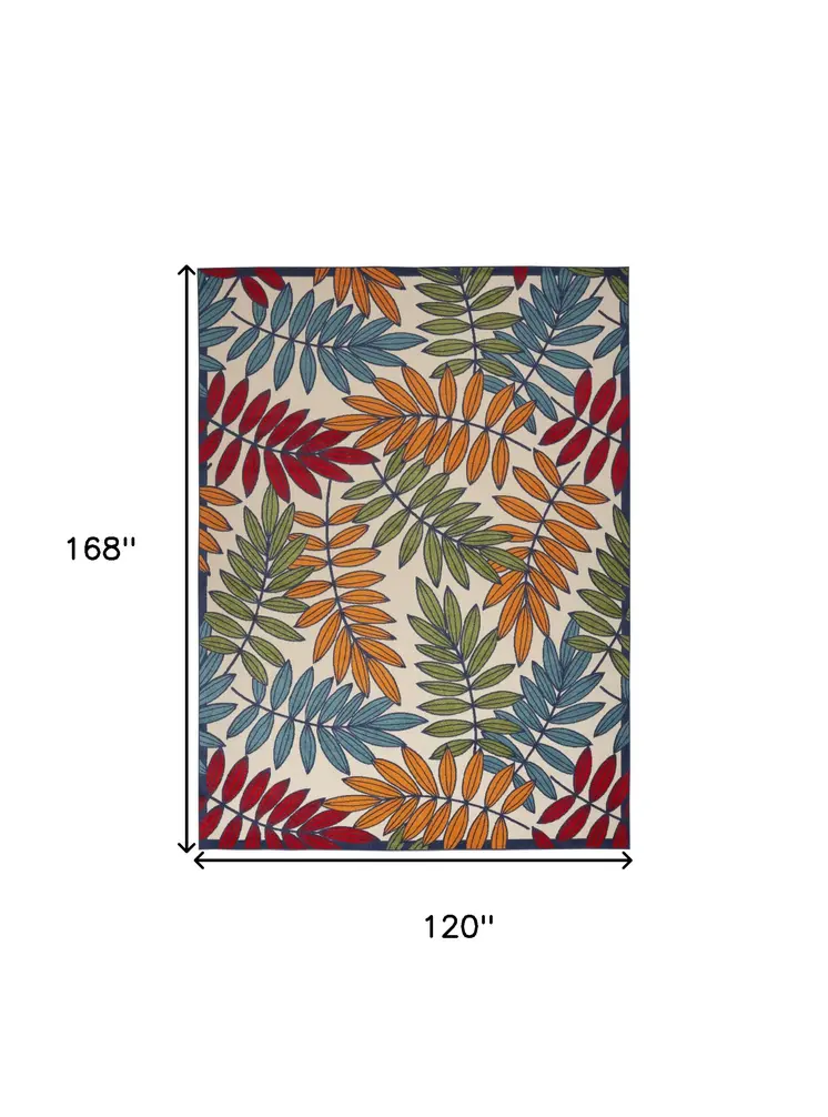 10' X 14' Ivory Yellow Orange Green And Blue Palm Leaf Indoor Outdoor Area Rug