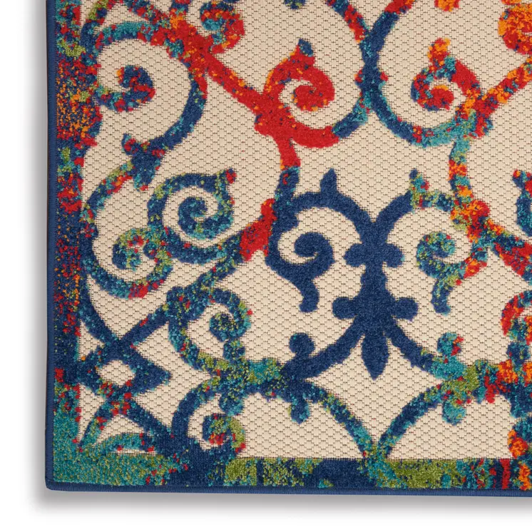 10' X 14' Ivory Blue Orange Green And Red Medallion Indoor Outdoor Area Rug