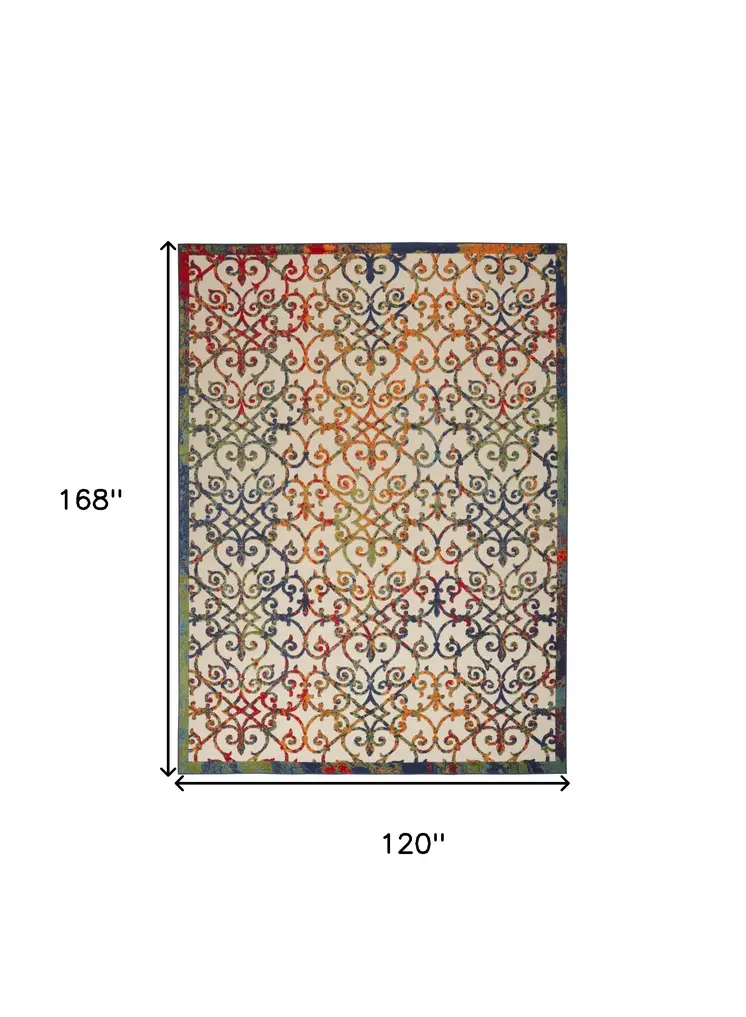 10' X 14' Ivory Blue Orange Green And Red Medallion Indoor Outdoor Area Rug