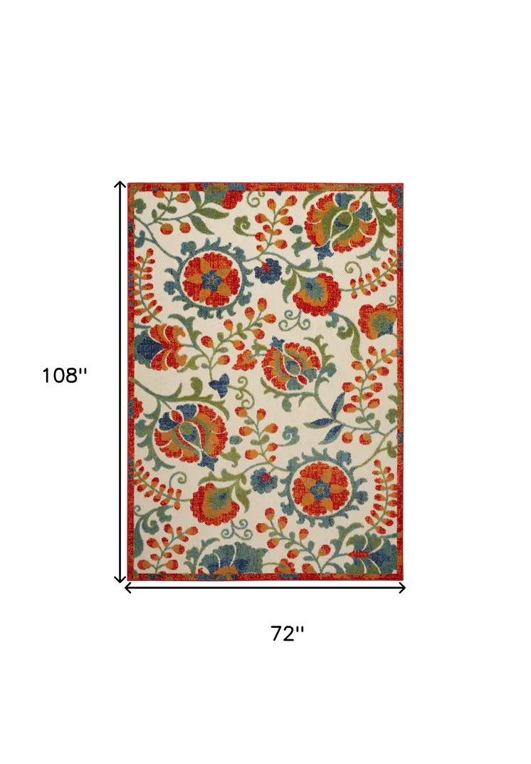 6' X 9' Red Gold Green And Teal Blue Floral Indoor Outdoor Area Rug