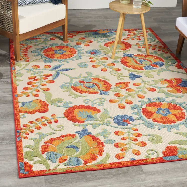 5' X 8' Red Gold Green And Teal Blue Floral Indoor Outdoor Area Rug