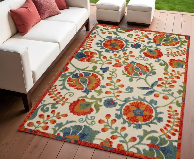 4' X 6' Red Gold Green And Teal Blue Floral Indoor Outdoor Area Rug