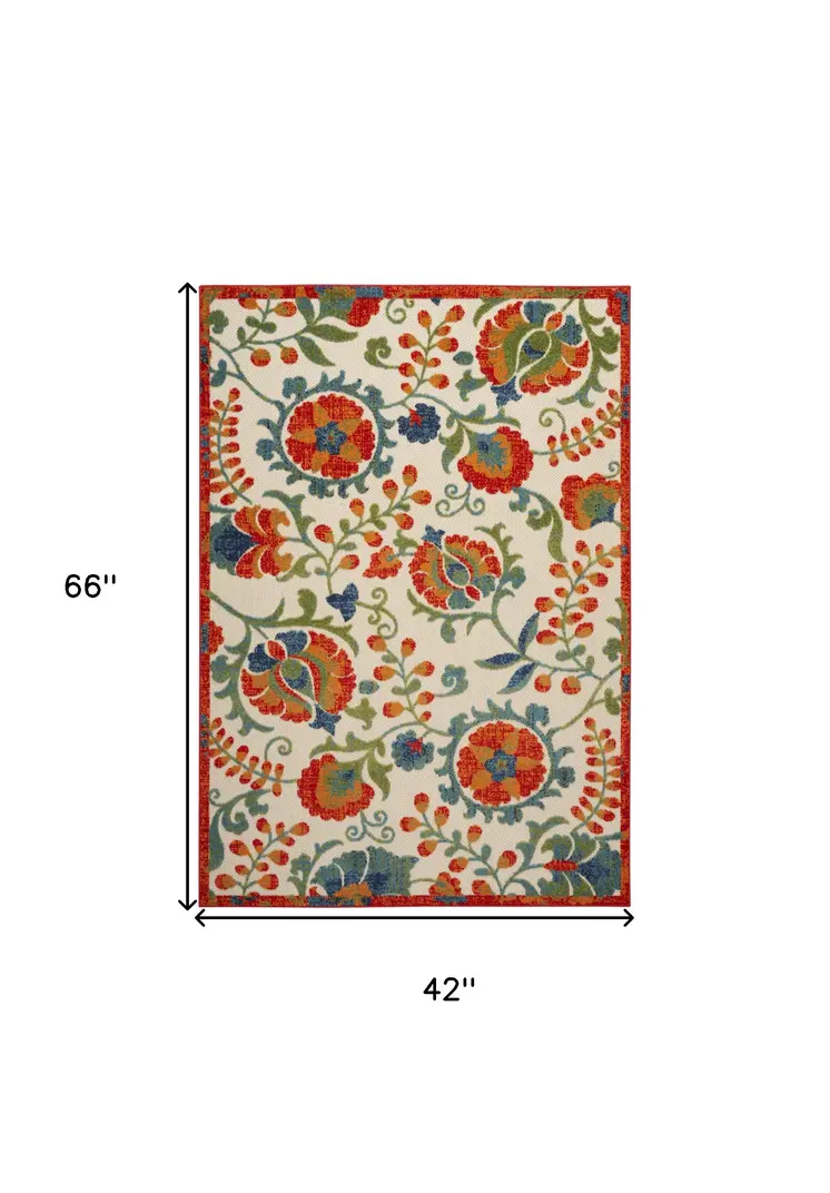 4' X 6' Red Gold Green And Teal Blue Floral Indoor Outdoor Area Rug