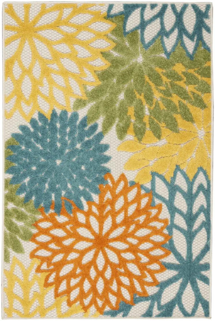 3' X 5' Turquoise Yellow Orange And Blue Floral Indoor Outdoor Area Rug