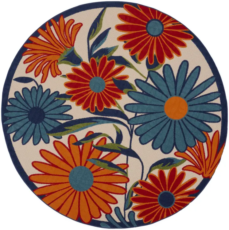 10' Ivory Blue And Orange Round Floral Indoor Outdoor Area Rug