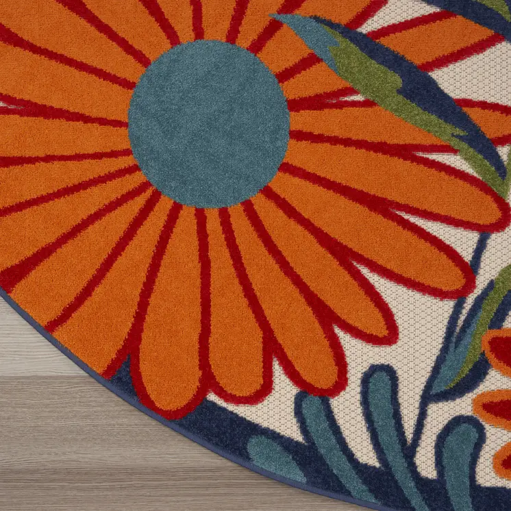 10' Ivory Blue And Orange Round Floral Indoor Outdoor Area Rug