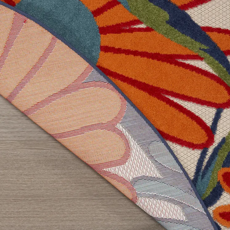 10' Ivory Blue And Orange Round Floral Indoor Outdoor Area Rug