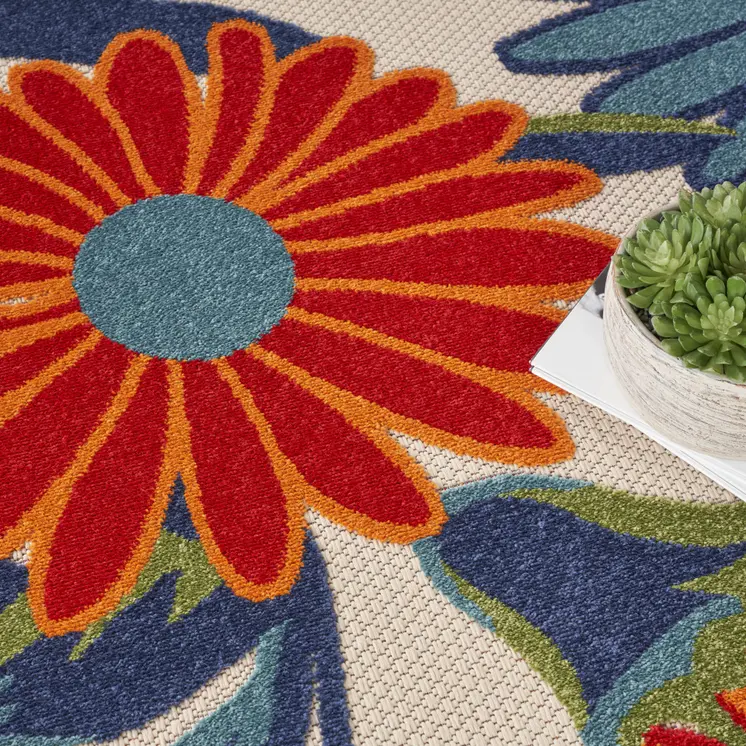 10' Ivory Blue And Orange Round Floral Indoor Outdoor Area Rug