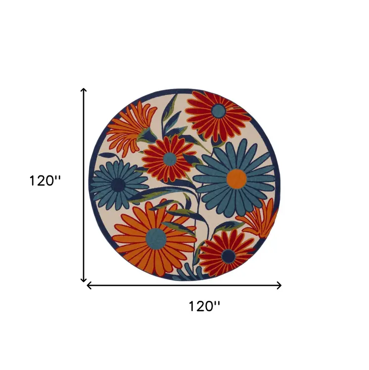 10' Ivory Blue And Orange Round Floral Indoor Outdoor Area Rug
