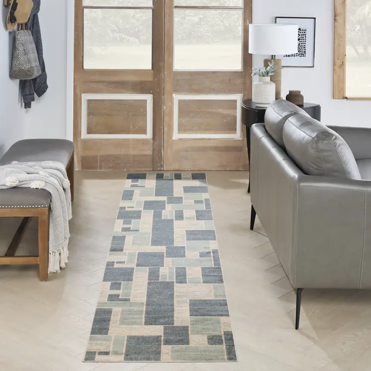 8' Blue And Ivory Geometric Washable Runner Rug