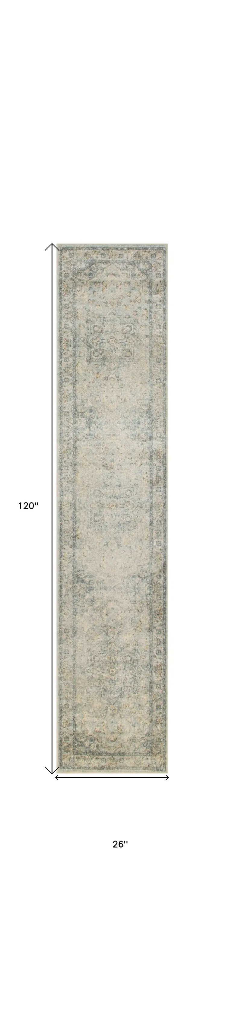 10' Blue And Ivory Floral Medallion Distressed Washable Runner Rug