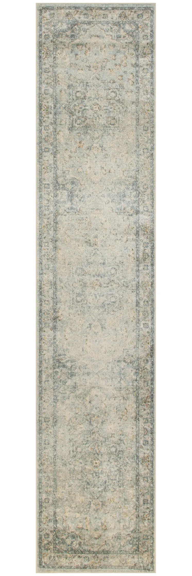 10' Blue And Ivory Floral Medallion Distressed Washable Runner Rug