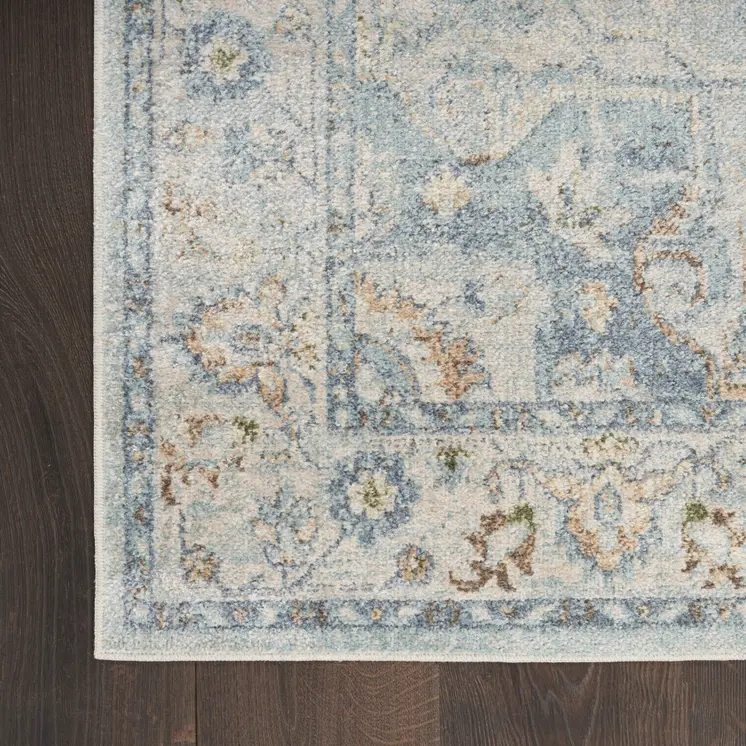 10' Blue And Ivory Floral Medallion Distressed Washable Runner Rug
