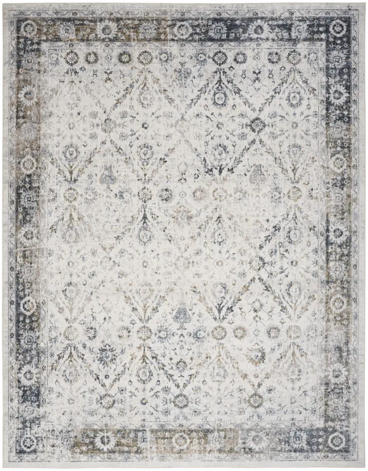 9' X 12' Blue and Ivory Floral Medallion Power Loom Distressed Washable Area Rug