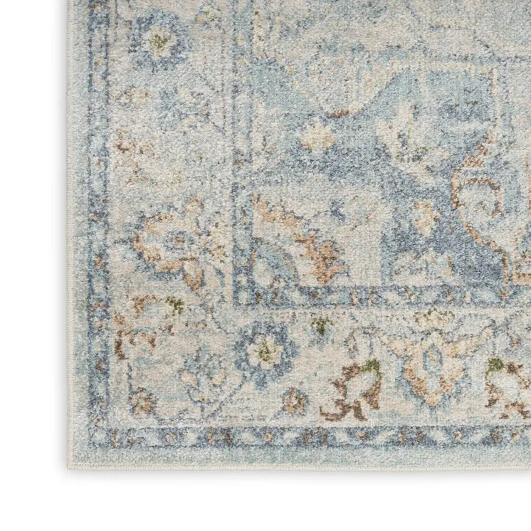 9' X 12' Blue and Ivory Floral Medallion Power Loom Distressed Washable Area Rug