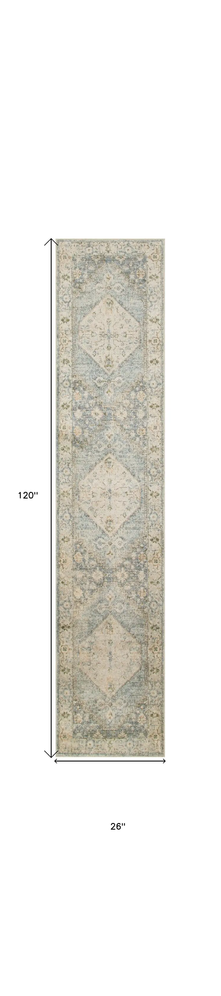 10' Blue And Silver Floral Medallion Distressed Washable Runner Rug