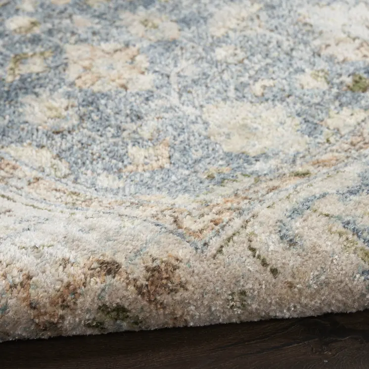 10' Blue And Silver Floral Medallion Distressed Washable Runner Rug