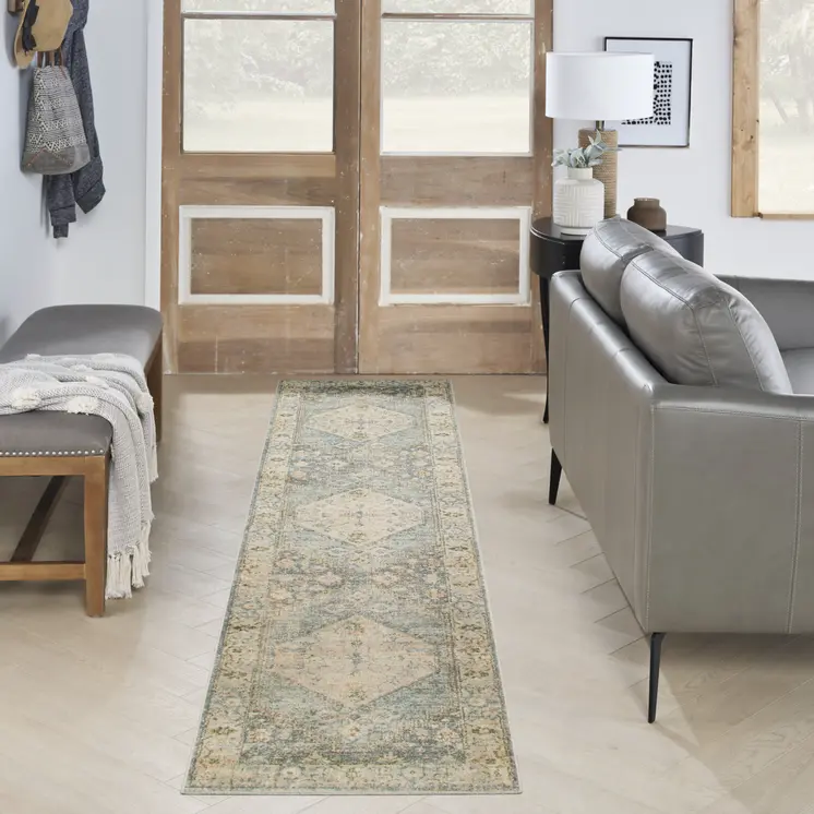 10' Blue And Silver Floral Medallion Distressed Washable Runner Rug