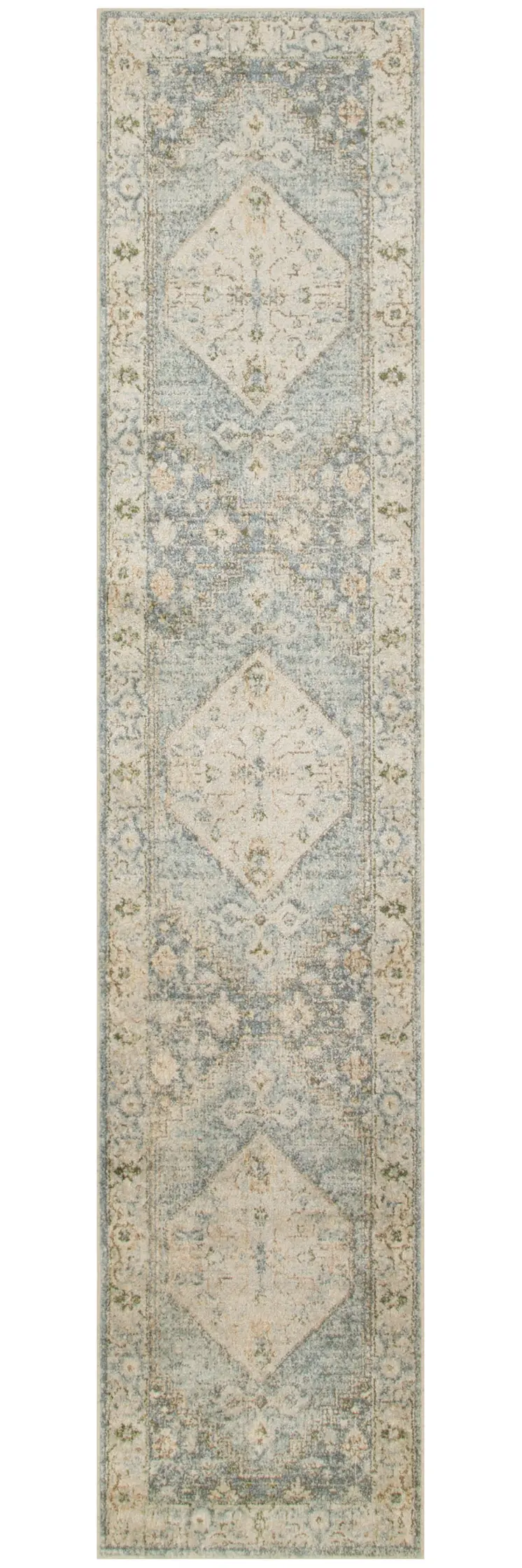 10' Blue And Silver Floral Medallion Distressed Washable Runner Rug