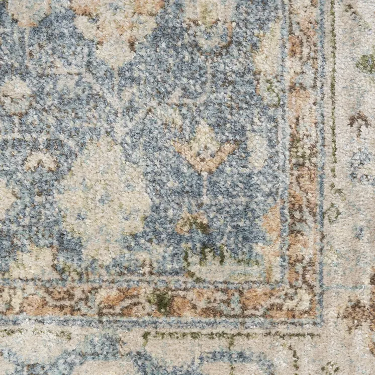 10' Blue And Silver Floral Medallion Distressed Washable Runner Rug