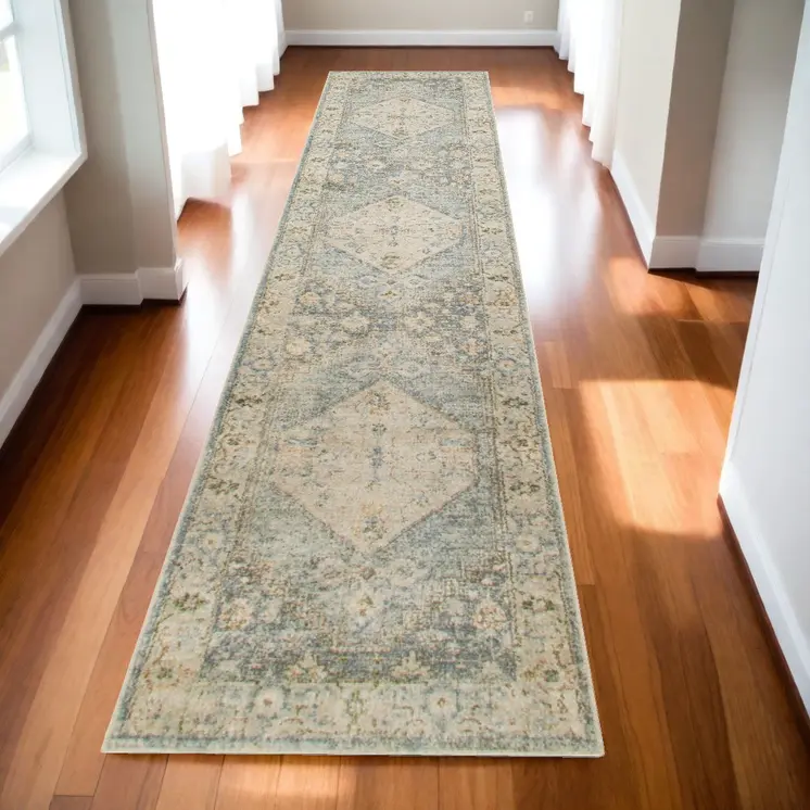 10' Blue And Silver Floral Medallion Distressed Washable Runner Rug