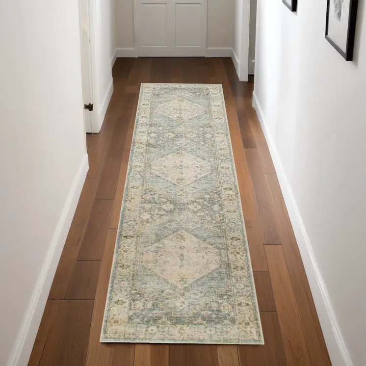 8' Blue And Silver Floral Medallion Distressed Washable Runner Rug