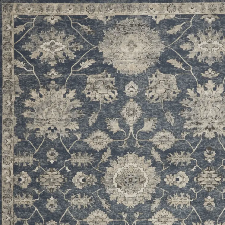 9' X 12' Beige and Blue Floral Medallion Power Loom Area Rug