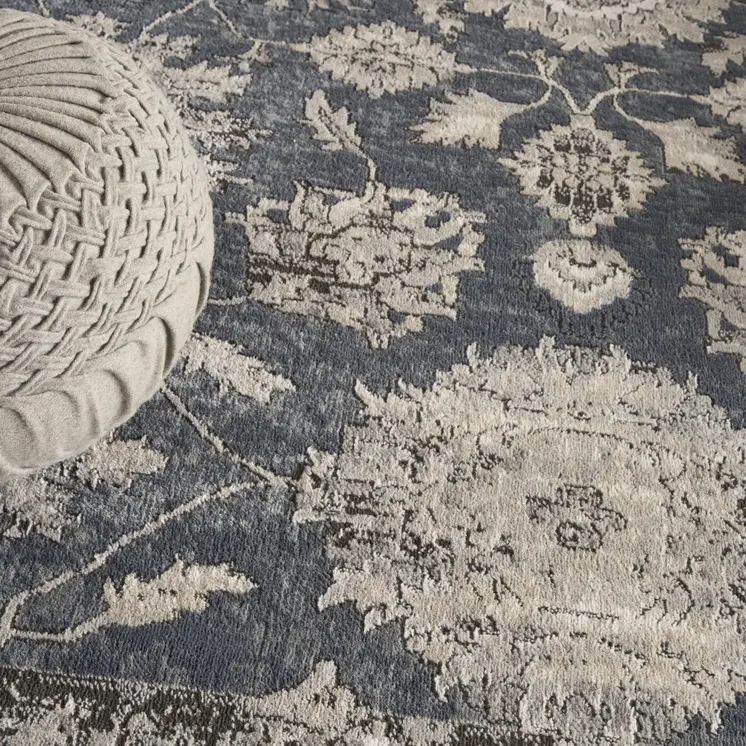 9' X 12' Beige and Blue Floral Medallion Power Loom Area Rug