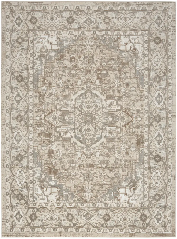 5' X 7' Beige and Ivory Medallion Power Loom Distressed Area Rug