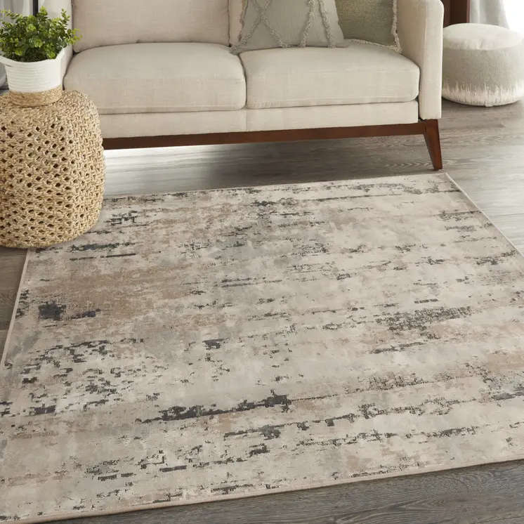4' Beige and Gray Square Abstract Power Loom Area Rug