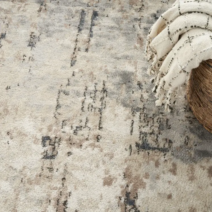 4' Beige and Gray Square Abstract Power Loom Area Rug