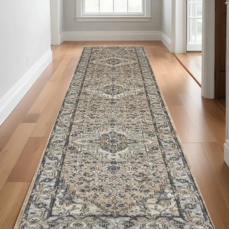 20' Beige And Gray Medallion Distressed Runner Rug