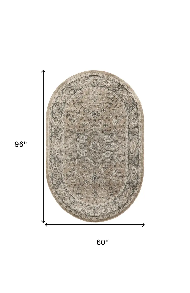 5' X 8' Beige and Gray Medallion Power Loom Distressed Area Rug