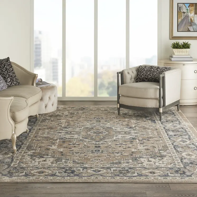 12' X 15' Beige and Gray Medallion Power Loom Distressed Area Rug