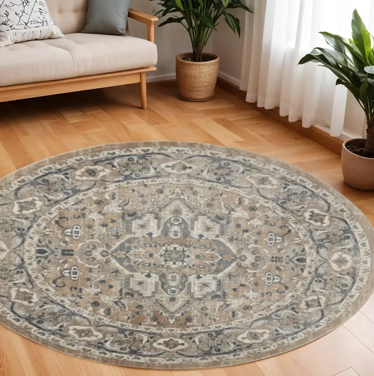 10' Beige and Gray Round Medallion Power Loom Distressed Area Rug
